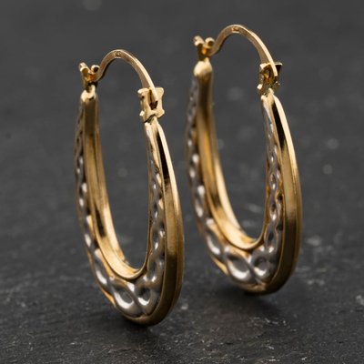 Second Hand Two Colour Gold Patterned 27mm Creole Earrings 41174391