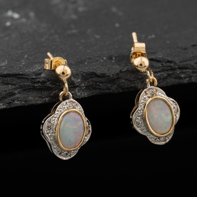 Second Hand Two Colour Gold Opal & 0.08ct Diamond 17mm Dropper Earrings 41174420