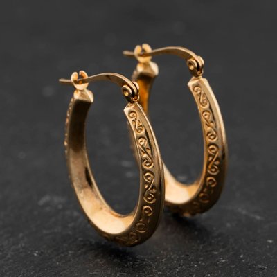 Second Hand 9ct Yellow Gold Fancy Patterned Oval 25mm Hoop Earrings 41174453