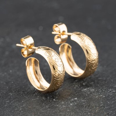 Second Hand Yellow Gold Engraved Half 16mm Hoop Earrings 41174468