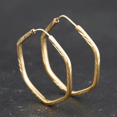Second Hand Yellow Gold Patterned Geometric 38mm Hoop Earrings 41174474