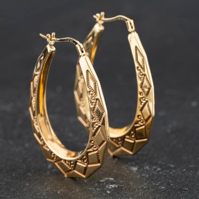 Second Hand 9ct Yellow Gold Patterned 39mm Creole Earrings 41174475