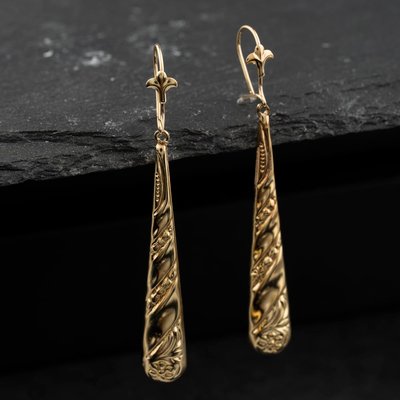 Second Hand Yellow Gold 52mm Tear Drop Patterned Dropper Earrings 41174499