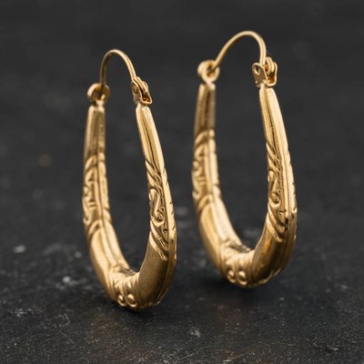 Second Hand Yellow Gold 24mm Oval Patterned Creole Earrings 41174537