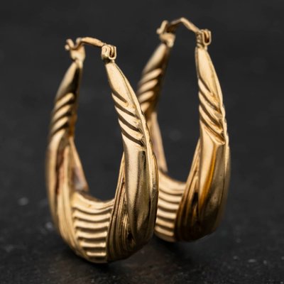 Second Hand 9ct Yellow Gold 32mm Patterned Creole Earrings 41174596