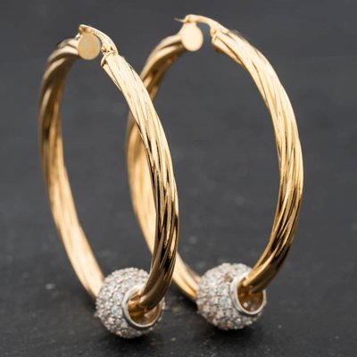 Second Hand 9ct Yellow Gold 48mm Cubic Zirconia Set Twist And Ball Hoop Earrings 41174695