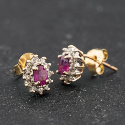 Second Hand 9ct Yellow Gold Ruby & Diamond Oval 8mm Stud Earrings 41174699