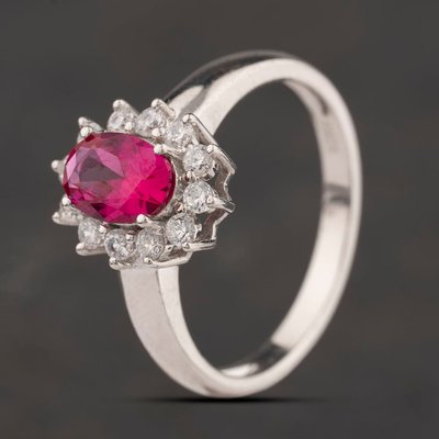 Second Hand Sterling Silver Pink Synthetic Ruby & White Cubic Zirconia Oval Cluster Ring 41251698