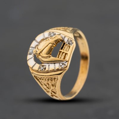 Second Hand 9ct Yellow Gold Cubic Zirconia Horse Head/Horse Shoe Signet Ring 41342596