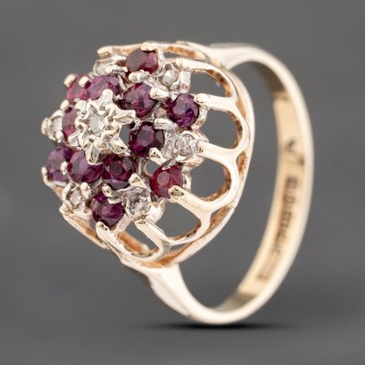 Second Hand 9ct Yellow Gold Ruby & Diamond Round Cluster Ring