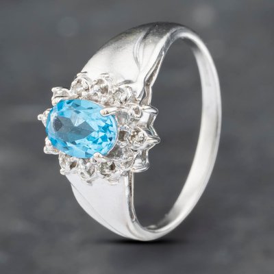 Second Hand 14ct White Gold Blue Topaz & Diamond Cluster Ring