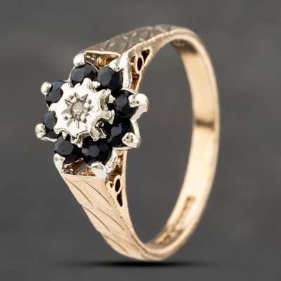 Second Hand 9ct Yellow Gold Sapphire & 0.01ct Diamond Cluster Ring
