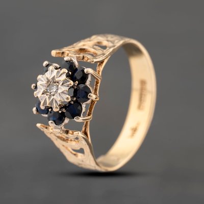Second Hand 9ct Yellow Gold Sapphire & 0.03ct Diamond Flower Cluster Ring
