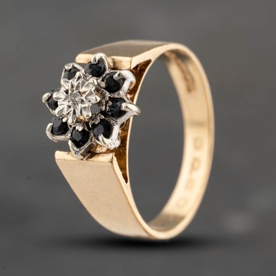 Second Hand Vintage 9ct Yellow Gold Sapphire & Diamond Flower Cluster Ring 41383631