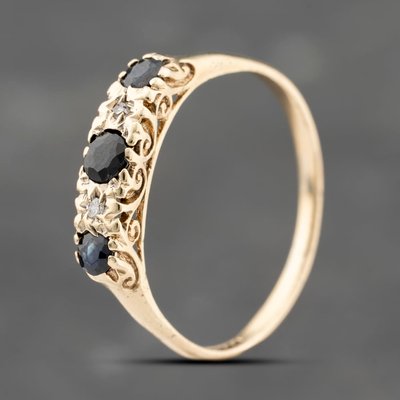 Second Hand 9ct Yellow Gold Sapphire & 0.03ct Brilliant Cut Diamond Five Stone Ring