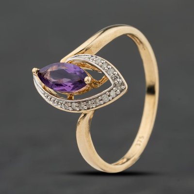 Second Hand 9ct Yellow Gold Amethyst & 0.10ct Diamond Marquise Shaped Dress Ring