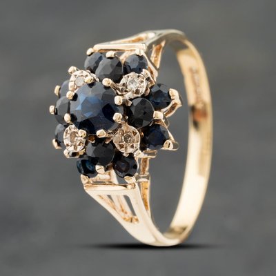 Second Hand 9ct Yellow Gold Sapphire & Diamond Cluster Ring 41384030
