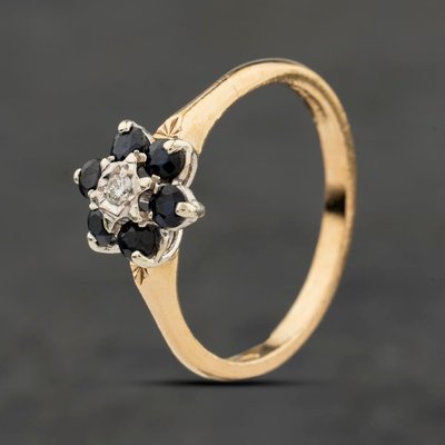 Second Hand 9ct Yellow Gold Sapphire & Diamond Flower Cluster Ring