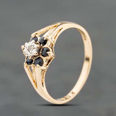 Second Hand 9ct Yellow Gold Sapphire & 0.01ct Diamond Flower Cluster Ring