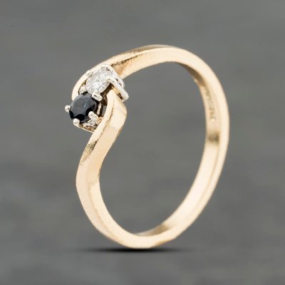 Second Hand 9ct Yellow Gold Sapphire & 0.05ct Brilliant Cut Diamond Twist Two Stone Ring