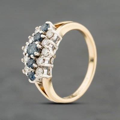 Second Hand 9ct Yellow Gold Sapphire & 0.15ct Brilliant Cut Diamond Boat Shaped Cluster Ring