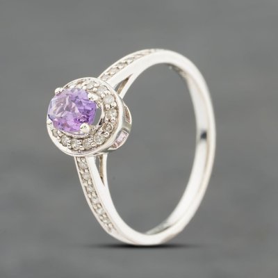 Second Hand 9ct Yellow Gold Amethyst & 0.13ct Diamond Oval Cluster Ring