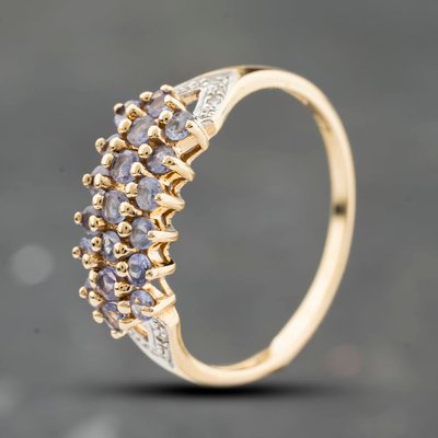 Second Hand 9ct Yellow Gold Tanzanite & 0.03ct Brilliant Cut Diamond Three Row Ring 41384163