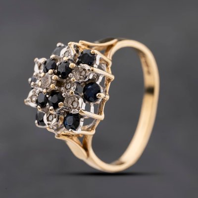 Second Hand 9ct Yellow Gold Sapphire & Diamond Large Cluster Ring 41384268