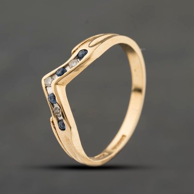 Second Hand 9ct Yellow Gold Sapphire & 0.03ct Diamond Wishbone Ring 41384397