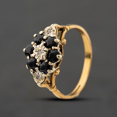 Second Hand 9ct Yellow Gold Sapphire & 0.02ct Diamond Boat Shaped Cluster Ring 41384507