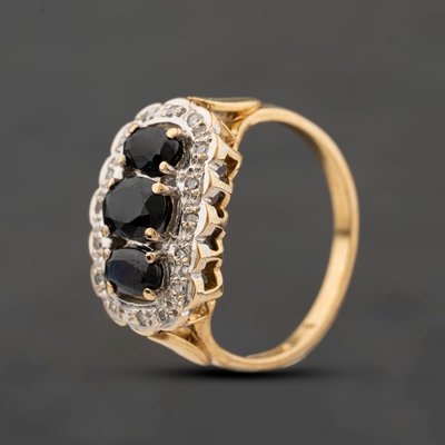 Second Hand 9ct Yellow Gold Sapphire & 0.12ct Diamond Scallop Shaped Cluster Ring 41384510