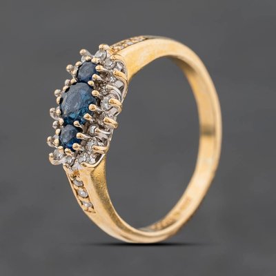 Second Hand 9ct Yellow Gold Sapphire & Diamond Triple Cluster Ring 41384564