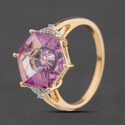 Second Hand 9ct Yellow Gold Pink Topaz & 0.05ct Diamond Hexagon Dress Ring 41384582