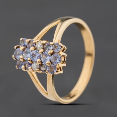 Second Hand 9ct Yellow Gold Tanzanite & 0.06ct Diamond Oblong Dress Ring 41384587