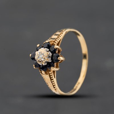 Second Hand 9ct Yellow Gold Diamond & Sapphire Flower Cluster Ring 41384798