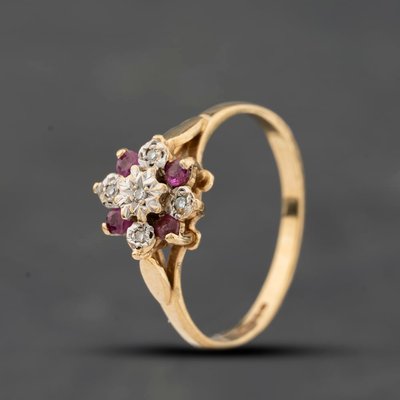 Second Hand 9ct Yellow Gold Diamond & Ruby Flower Cluster Ring 41384807