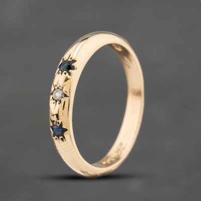 Second Hand 9ct Yellow Gold Sapphire & 0.02ct Brilliant Cut Diamond Three Stone Ring 41384819