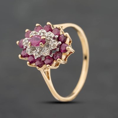 Second Hand 9ct Yellow Gold Ruby & 0.04ct Diamond Marquise Shaped Cluster Ring 41384885