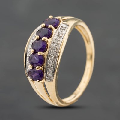 Second Hand 9ct Yellow Gold Amethyst & 0.07ct Diamond Three Row Ring 41384888