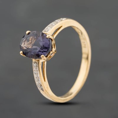 Second Hand 9ct Yellow Gold Iolite & 0.04ct Diamond Oval Dress Ring 41384890