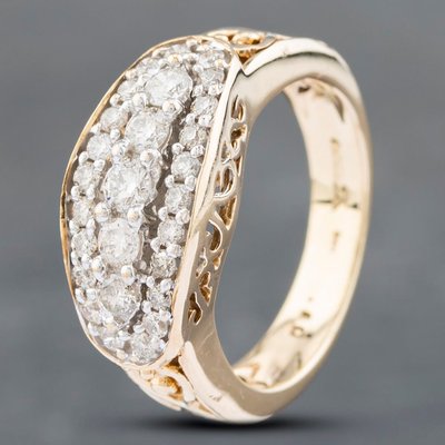 Second Hand 9ct Yellow Gold Brilliant Cut Diamond Open Hearts Shoulder Three Row Ring 41481622