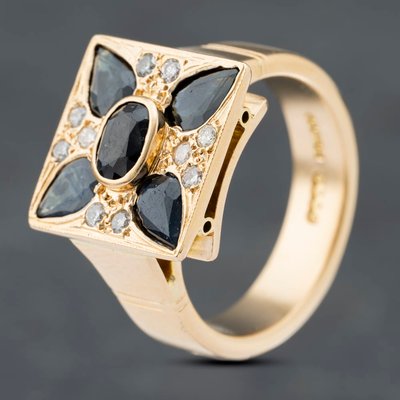 Second Hand 14ct Yellow Gold Sapphire & Brilliant Cut Diamond Square Set Cluster Ring 41481812