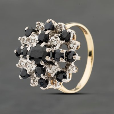 Second Hand 9ct Yellow Gold Sapphire & 0.06ct Diamond Large Cluster Ring 41482108