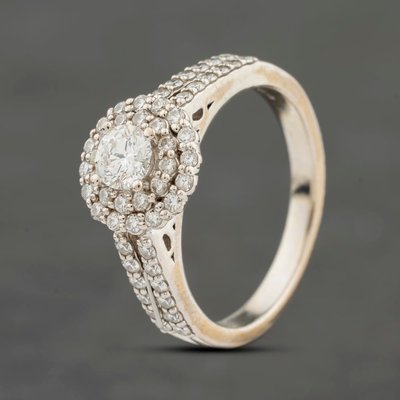 Second Hand 18ct White Gold 0.82ct Diamond Halo Two Row Shoulders Cluster Ring 41482492
