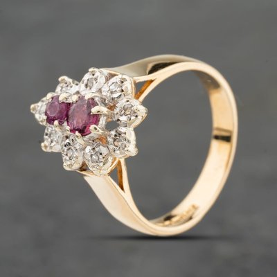 Second Hand 9ct Yellow Gold Ruby & 0.08ct Diamond Cluster Ring 41482559