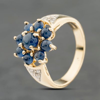 Second Hand 9ct Yellow Gold Sapphire & 0.12ct Brilliant Cut Diamond Flower Cluster Ring 41482573