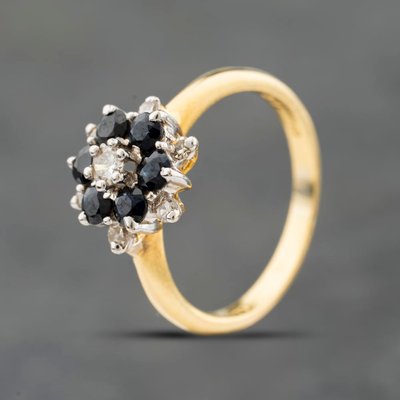 Second Hand 18ct Yellow Gold Sapphire & 0.20ct Brilliant Cut Diamond Flower Cluster Ring 41482669