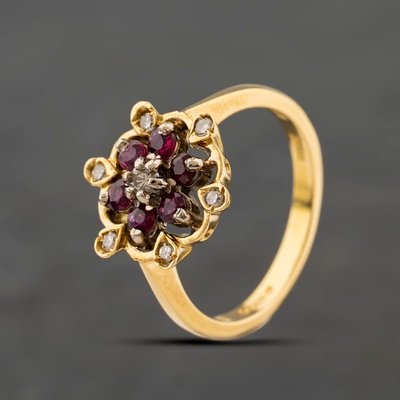 Second Hand 18ct Yellow Gold Ruby & 0.15ct Diamond Fancy Flower Cluster Ring 41482799