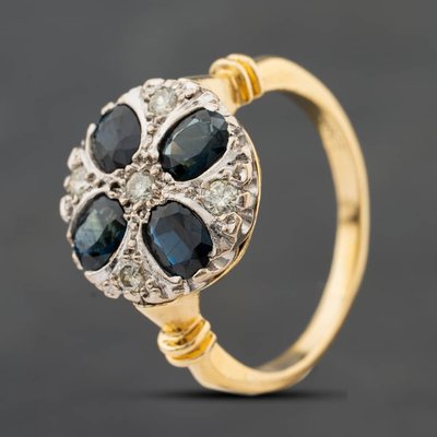 Second Hand Vintage Yellow Gold Sapphire & 0.20ct Brilliant Cut Diamond Round Cluster Ring 41483032