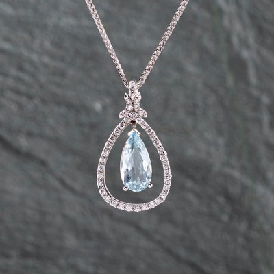 Second Hand 14ct White Gold 1.75ct Aquamarine & 0.35ct Brilliant Cut Diamond Tear Drop Pendant & 20 Inch Foxtail Chain 43141226